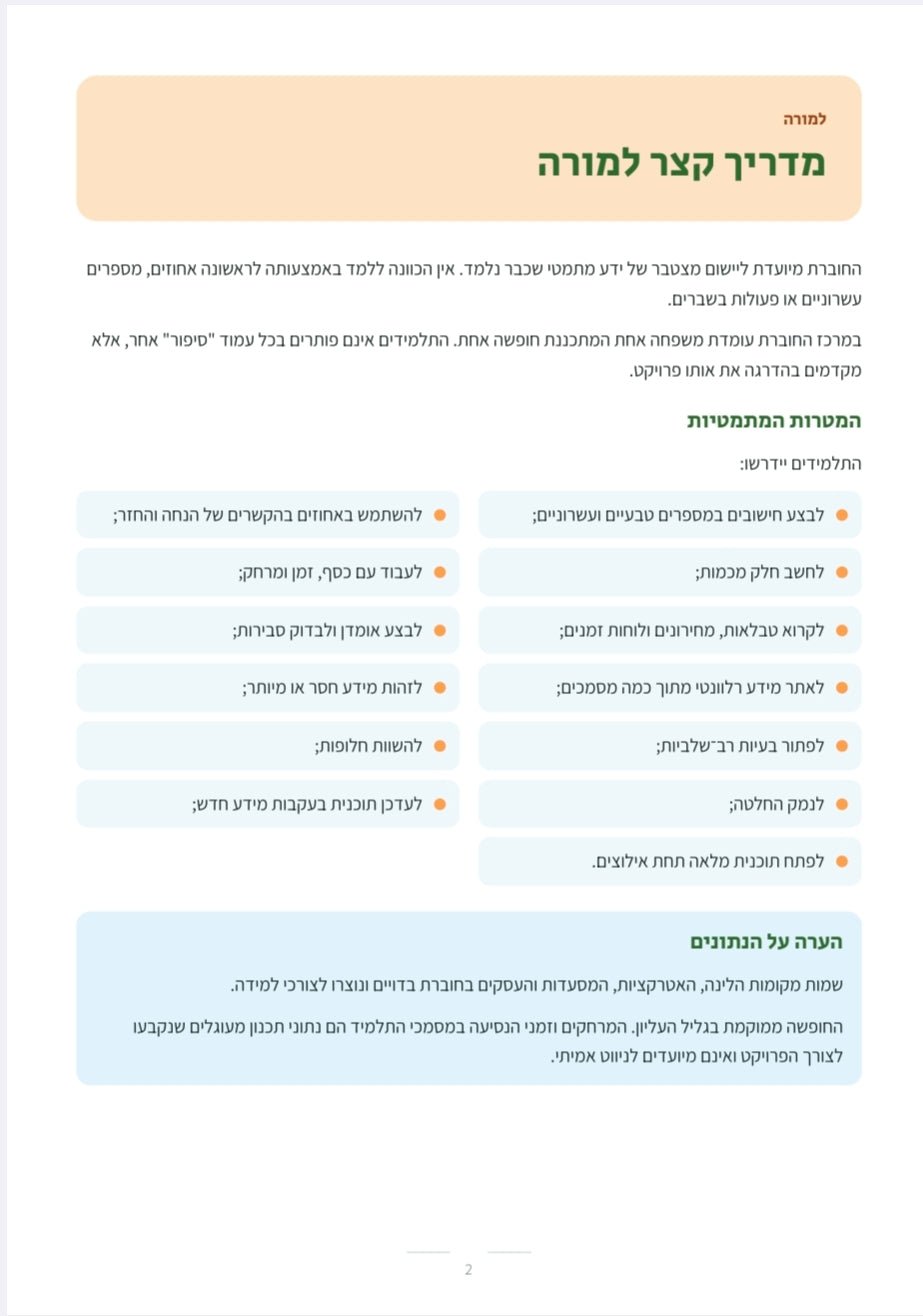 מתמטיקה של החיים – מתכננים חופשה - הוראה בהתאמה אישית